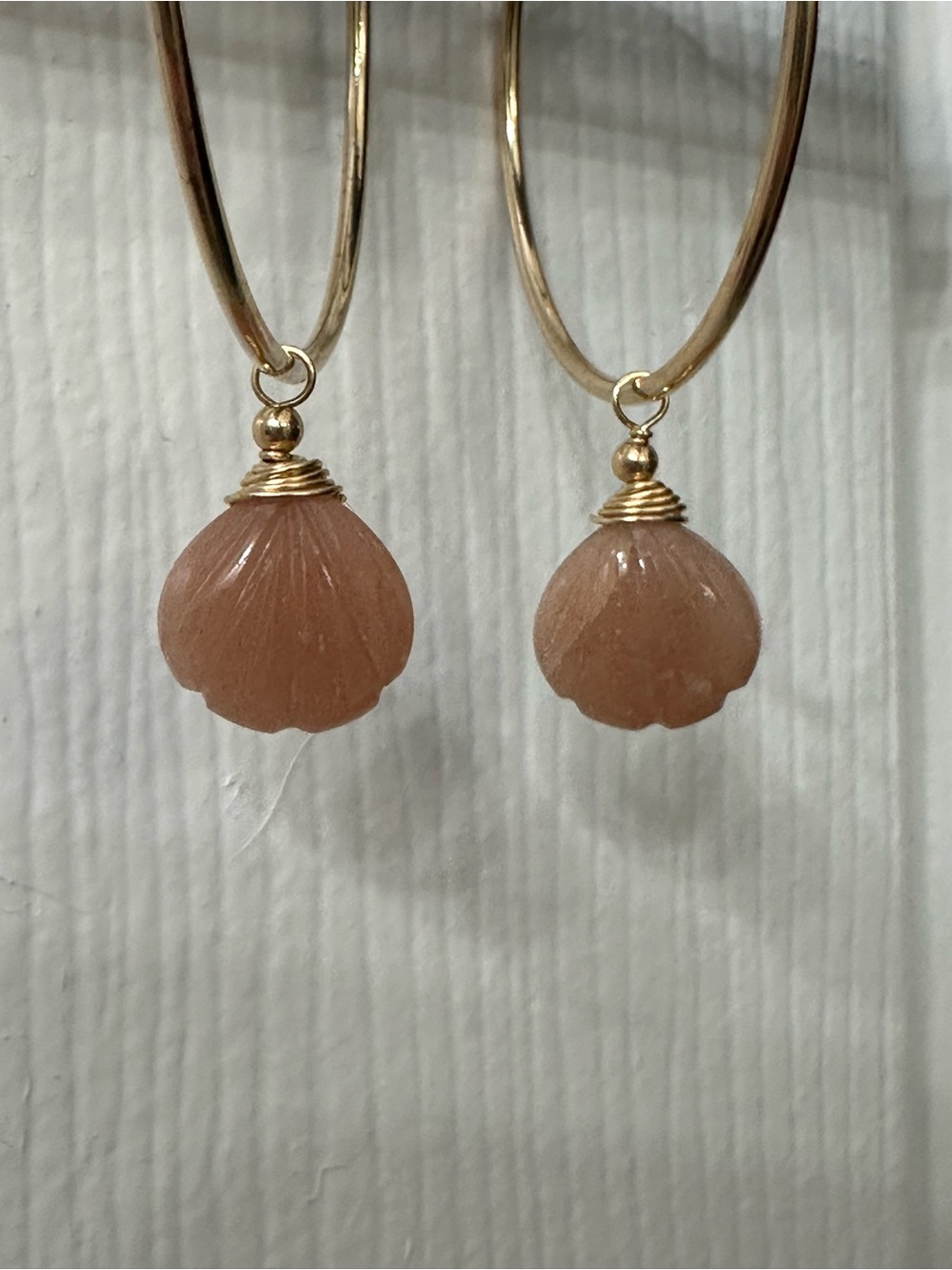 14k Gold-Filled Earrings Hoops Peach Moonstone Gemstone Shell Handmade 2.25” - Picture 4 of 5